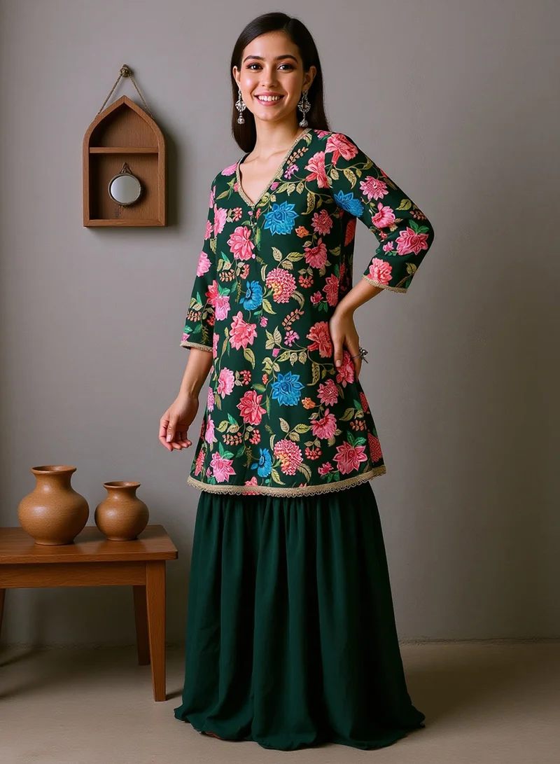 Qissa  Qissa Women's Emerald Green Botanical Cluster Kurti With Sharara & Dupatta For Ethnic Wear | V-Neck, Quarter Regular Sleeves | Floral Print Plain Fabric | 3 Piece Kurta Set Designed For Evening & Party Wear for Women | Best Price UAE