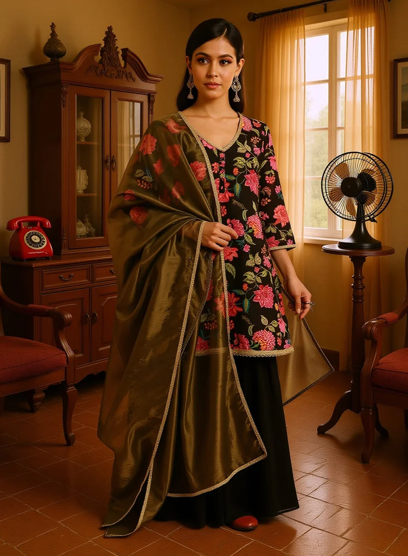 QISSA Qissa Women's Emerald Green Botanical Cluster Kurti With Sharara & Dupatta For Ethnic Wear | V-Neck, Quarter Regular Sleeves | Floral Print Plain Fabric | 3 Piece Kurta Set Designed For Evening & Party Wear