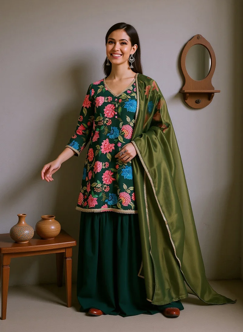 Qissa  Qissa Women's Emerald Green Botanical Cluster Kurti With Sharara & Dupatta For Ethnic Wear | V-Neck, Quarter Regular Sleeves | Floral Print Plain Fabric | 3 Piece Kurta Set Designed For Evening & Party Wear for Women | Best Price UAE