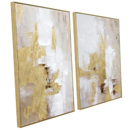 Zessonic Abstract Gold and Beige Canvas Wall Art – 2 Piece 20 x 28 Inches Framed Prints with Hand-Painted Texture – Neutral Tone Artwork for Living Room, Bedroom, Office Decor - Image 1