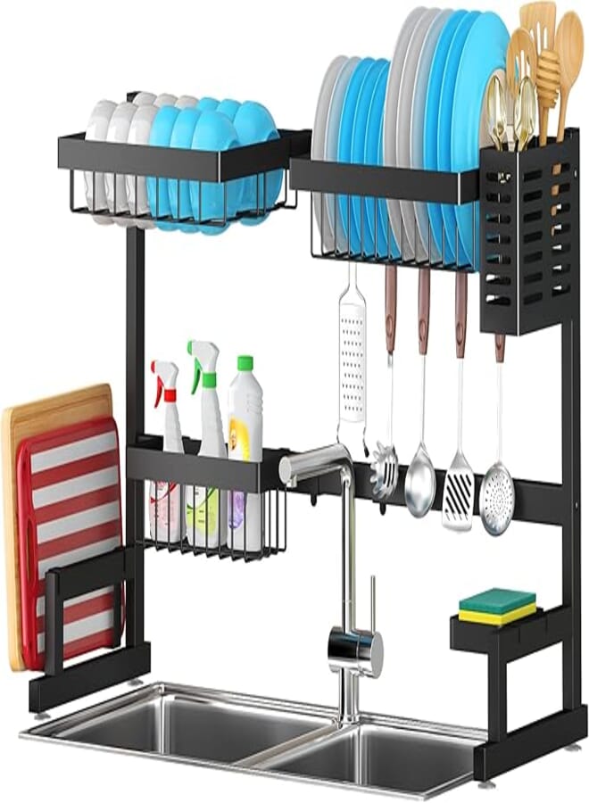 Over Sink(24"-40") Dish Drying Rack, Adjustable Cutlery Holders Drainer Shelf for Kitchen Supplies Storage Counter Organizer Stainless Steel Display- Space Save Must Have (24≤Sink Size≤40inch, black)