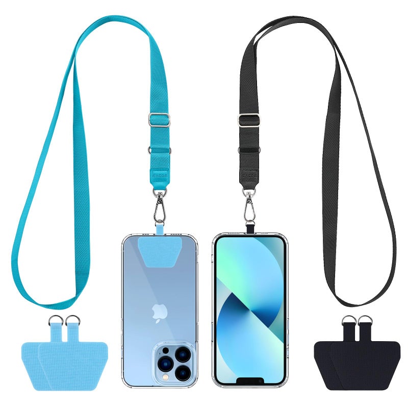 CACOE Phone Lanyard 2 Pcs Adjustable Neck Strap,4 Pcs Patches,Universal Crossbody Multifuctional Patch Cell Phone Lanyards Compatible with Most Smartphones(Black+Light Blue) - Image 1