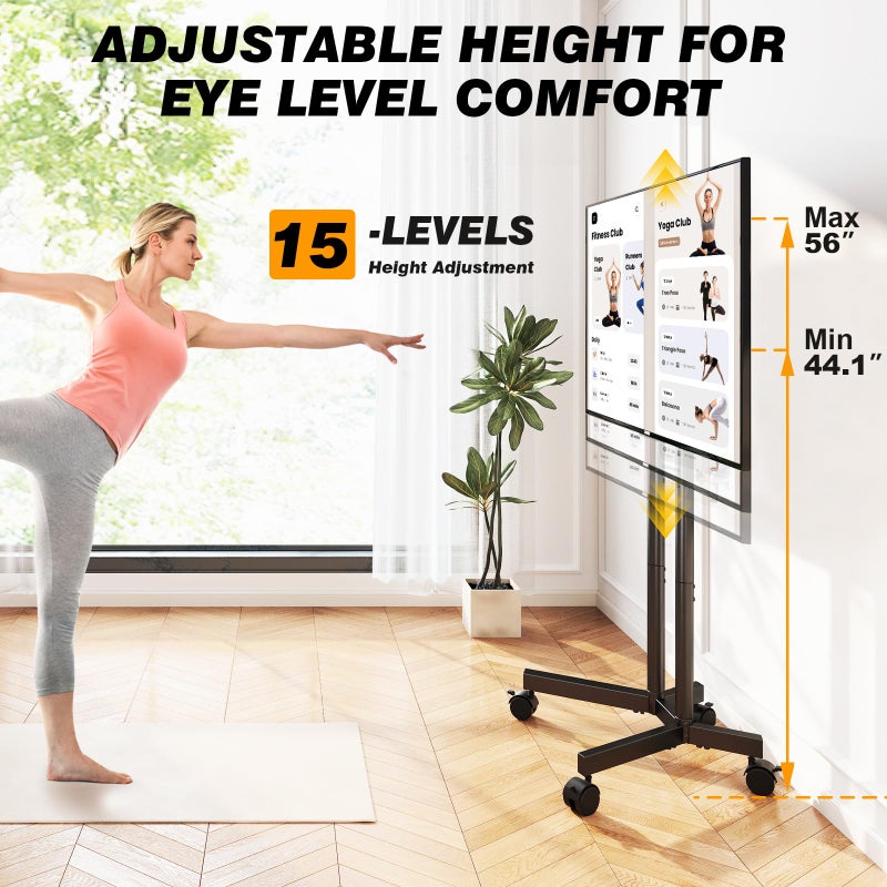 5Rcom Dual-Pole Rolling TV Stand for 32-75 inch LCD LED Flat & Curved TVs, Height Adjustable Portable TV Stand with Lockable Wheels, Mobile TV Cart up to 88lbs for Bedroom, Living Room, Outdoor - Image 3