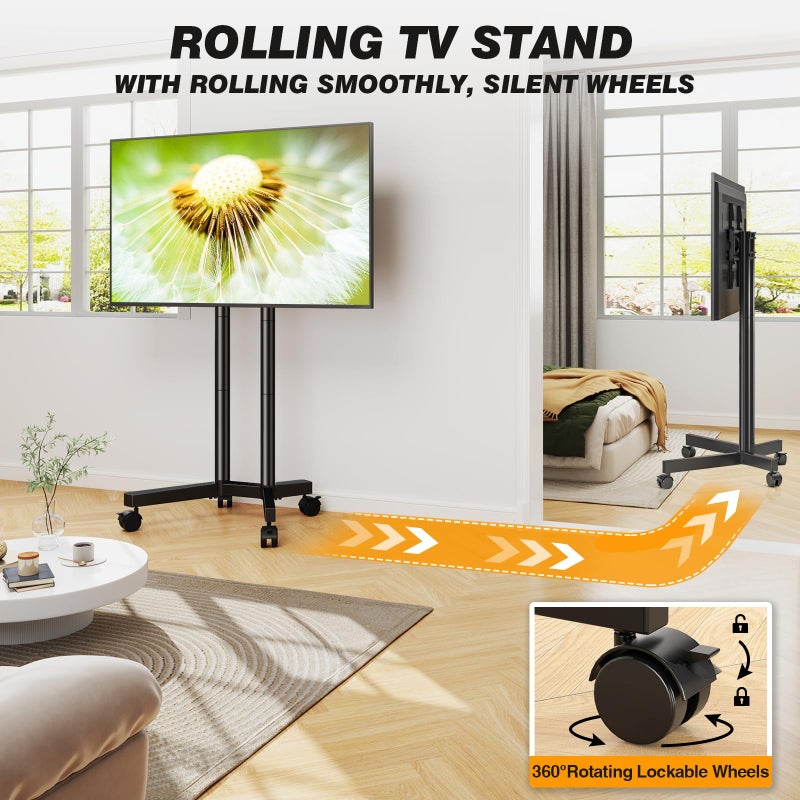 5Rcom Dual-Pole Rolling TV Stand for 32-75 inch LCD LED Flat & Curved TVs, Height Adjustable Portable TV Stand with Lockable Wheels, Mobile TV Cart up to 88lbs for Bedroom, Living Room, Outdoor - Image 5