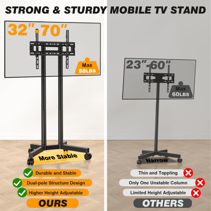 5Rcom Dual-Pole Rolling TV Stand for 32-75 inch LCD LED Flat & Curved TVs, Height Adjustable Portable TV Stand with Lockable Wheels, Mobile TV Cart up to 88lbs for Bedroom, Living Room, Outdoor - Image 2