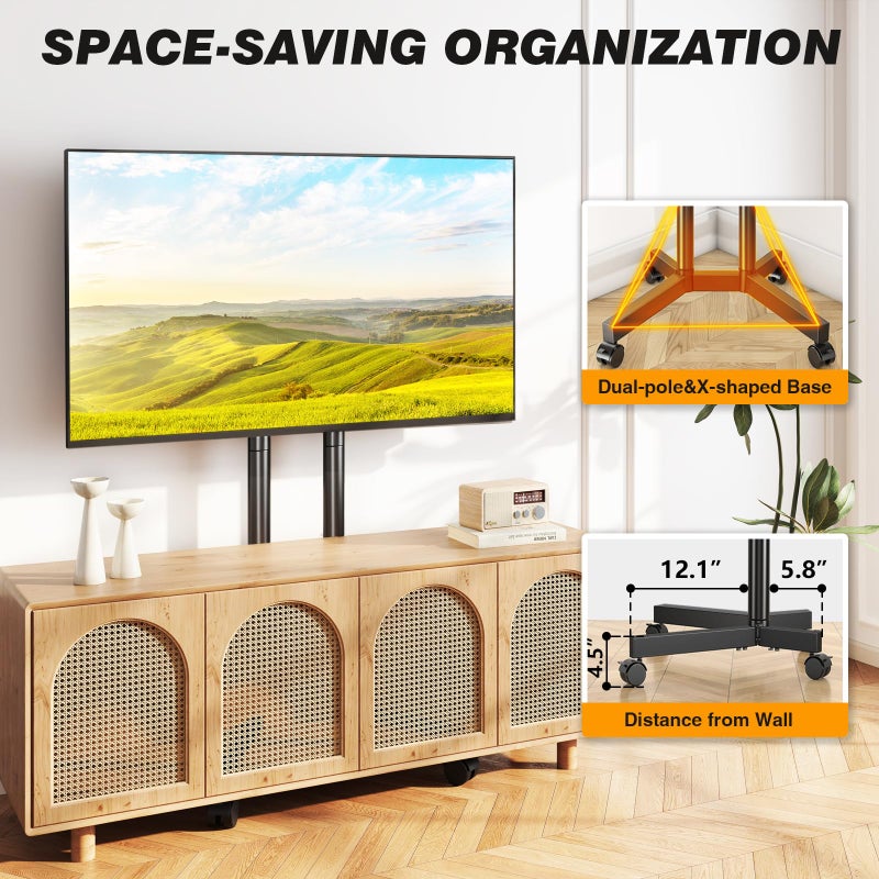 5Rcom Dual-Pole Rolling TV Stand for 32-75 inch LCD LED Flat & Curved TVs, Height Adjustable Portable TV Stand with Lockable Wheels, Mobile TV Cart up to 88lbs for Bedroom, Living Room, Outdoor - Image 4