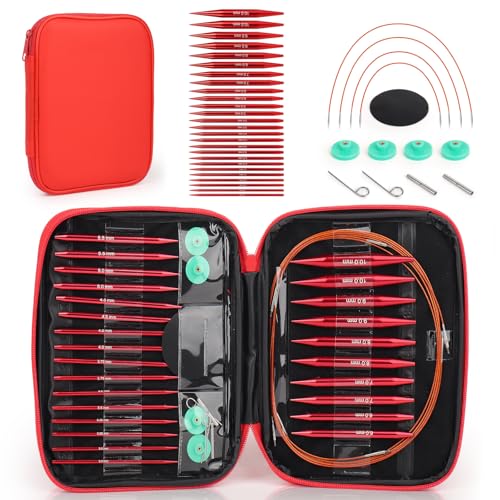 Reessy Interchangeable Circular Knitting Needles Set, 13 Pairs (26pcs) Glossy Red Aluminum Knitting Needles Kit, Sizes 3.0mm–10.0mm, Knitting Needle Case & Accessories for Knitting Beginners & Advanced - Image 1