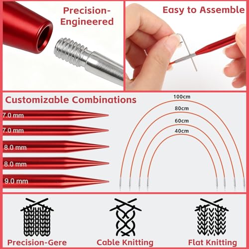 Reessy Interchangeable Circular Knitting Needles Set, 13 Pairs (26pcs) Glossy Red Aluminum Knitting Needles Kit, Sizes 3.0mm–10.0mm, Knitting Needle Case & Accessories for Knitting Beginners & Advanced - Image 2