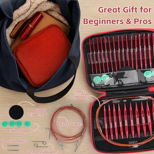 Reessy Interchangeable Circular Knitting Needles Set, 13 Pairs (26pcs) Glossy Red Aluminum Knitting Needles Kit, Sizes 3.0mm–10.0mm, Knitting Needle Case & Accessories for Knitting Beginners & Advanced - Image 3