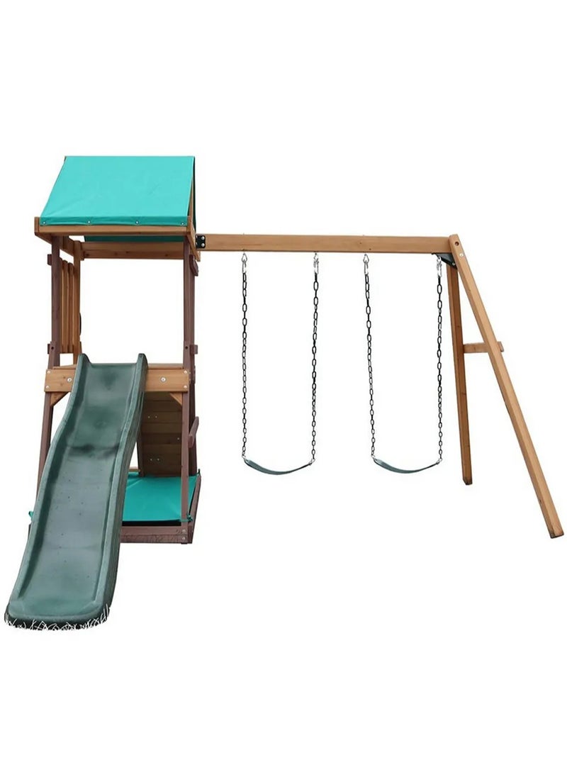 Mountpeak - Discover the Mount Peak Matterhorn Swing Set & Playhouse, Durable, Long Lasting, Weather-resistant Materials, 3 Years+, 285 x 263 x 220 cm - Brown - Image 1