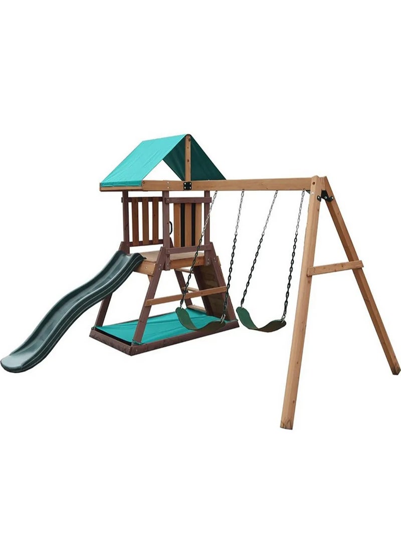 Mountpeak - Discover the Mount Peak Matterhorn Swing Set & Playhouse, Durable, Long Lasting, Weather-resistant Materials, 3 Years+, 285 x 263 x 220 cm - Brown - Image 1