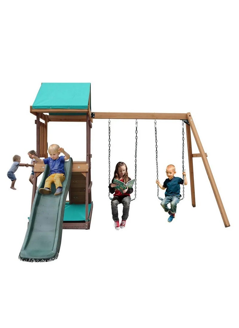Mountpeak - Discover the Mount Peak Matterhorn Swing Set & Playhouse, Durable, Long Lasting, Weather-resistant Materials, 3 Years+, 285 x 263 x 220 cm - Brown - Image 1