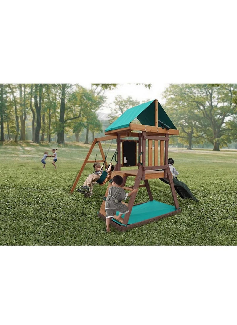Mountpeak - Discover the Mount Peak Matterhorn Swing Set & Playhouse, Durable, Long Lasting, Weather-resistant Materials, 3 Years+, 285 x 263 x 220 cm - Brown - Image 1