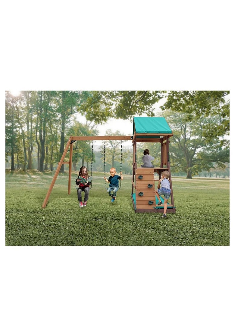 Mountpeak - Discover the Mount Peak Matterhorn Swing Set & Playhouse, Durable, Long Lasting, Weather-resistant Materials, 3 Years+, 285 x 263 x 220 cm - Brown - Image 1