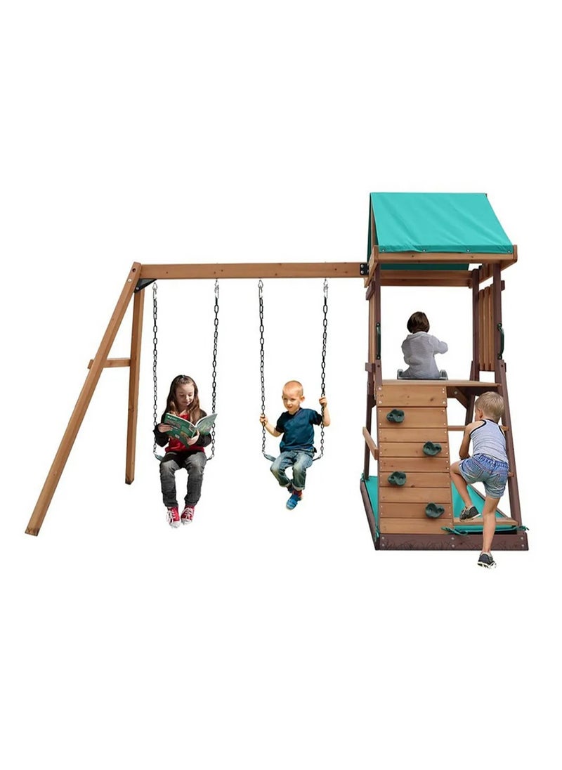 Mountpeak - Discover the Mount Peak Matterhorn Swing Set & Playhouse, Durable, Long Lasting, Weather-resistant Materials, 3 Years+, 285 x 263 x 220 cm - Brown - Image 1