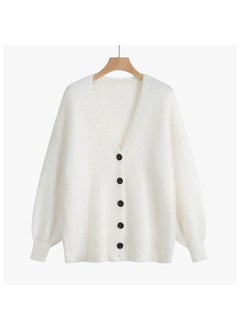 Generic Soft Supple Water Fox Fur Sweater Cardigan Womens Autumn/winter Loose-fit V-neck Medium-length Knitted Jacket Creamy-white (thick long wool) 