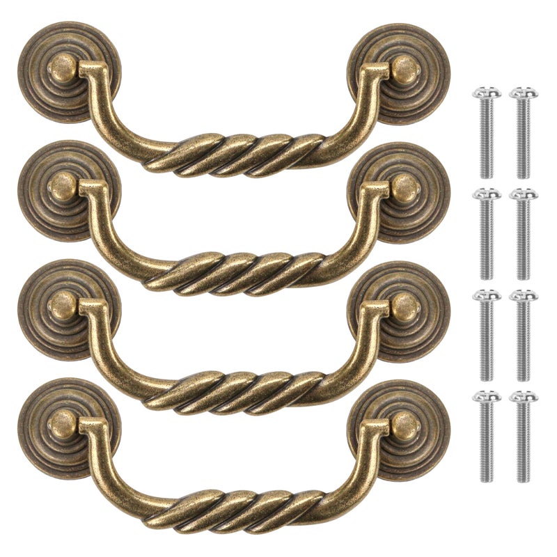 KH866 4.5'' C-C Center Drawer Pulls, 4 Pack Antique Bronze Bail Drop Swing Handles for Dresser Cabinet Knob, Vintage Style Brass Handle 114 mm (4.5 Inch) Center to Center Furniture Pulls - Image 1