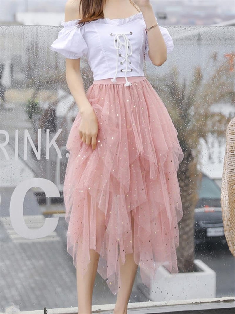 Reaowazo Tulle Skirts for Women Midi Long Fairy Skirt Tutu A-Line Mesh Layered High Elastic Waist Halloween Skirts Pink Sequin One Size - Image 2