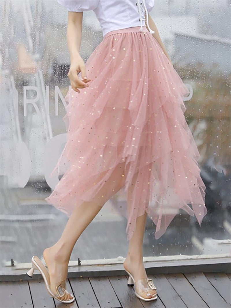 Reaowazo Tulle Skirts for Women Midi Long Fairy Skirt Tutu A-Line Mesh Layered High Elastic Waist Halloween Skirts Pink Sequin One Size - Image 3
