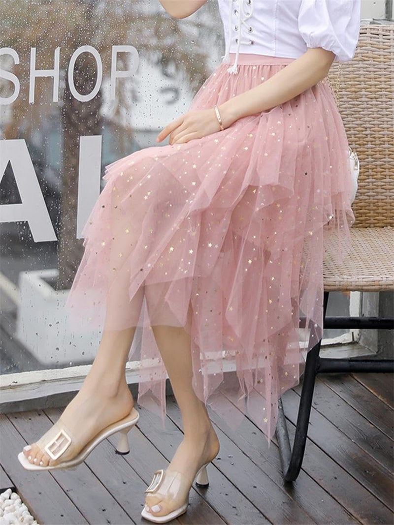 Reaowazo Tulle Skirts for Women Midi Long Fairy Skirt Tutu A-Line Mesh Layered High Elastic Waist Halloween Skirts Pink Sequin One Size - Image 4