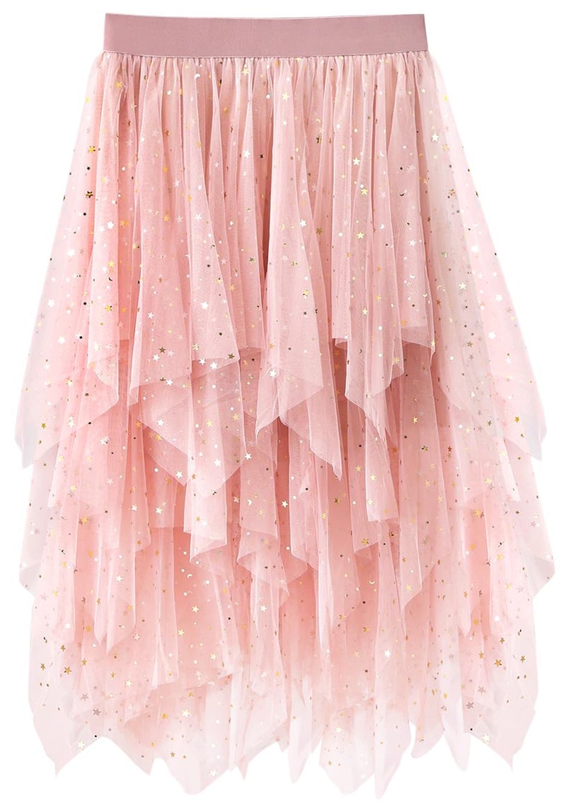 Reaowazo Tulle Skirts for Women Midi Long Fairy Skirt Tutu A-Line Mesh Layered High Elastic Waist Halloween Skirts Pink Sequin One Size - Image 1