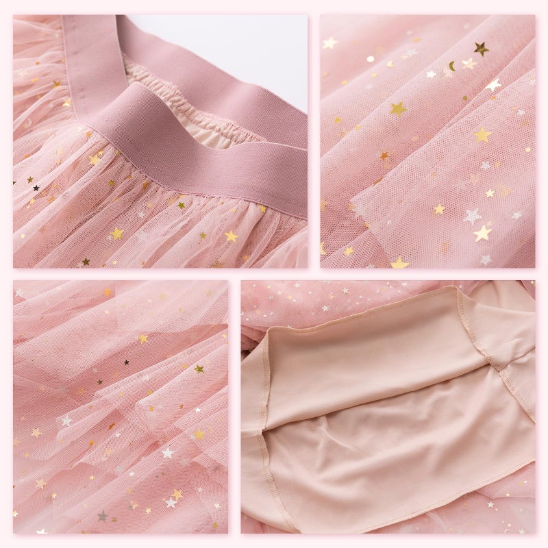 Reaowazo Tulle Skirts for Women Midi Long Fairy Skirt Tutu A-Line Mesh Layered High Elastic Waist Halloween Skirts Pink Sequin One Size - Image 5