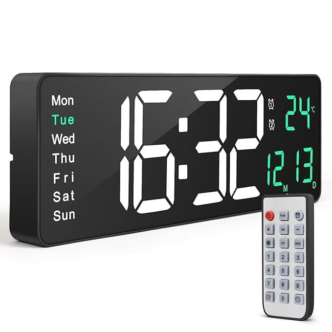 MBUYS MALL Digital Wall Clocks Wall Clock with Day and Date Modern Wall Clocks for Living Room Silent Wall Clocks for Bedrooms with Remote Control WhiteGreen - Image 1