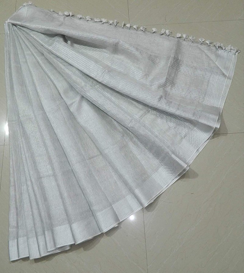 HAIDER ALI AND SONS Pure Tissue Linen Ethnic Wear Saree with Blouse for Every Occasion for Girls and Women (Pack of 1-Silver) - Image 2