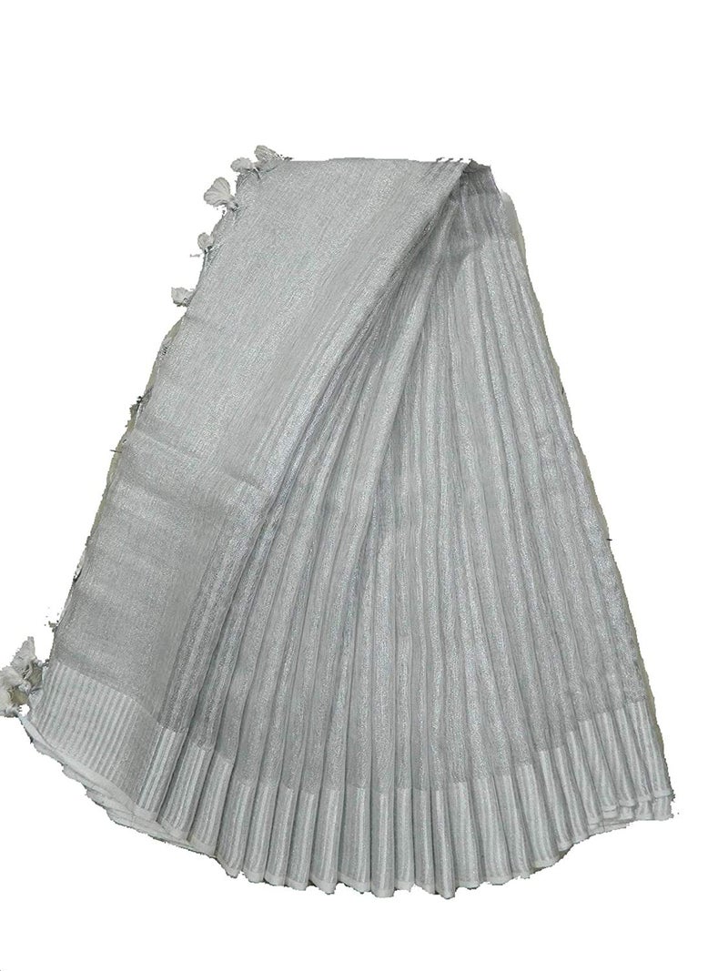 HAIDER ALI AND SONS Pure Tissue Linen Ethnic Wear Saree with Blouse for Every Occasion for Girls and Women (Pack of 1-Silver) - Image 1