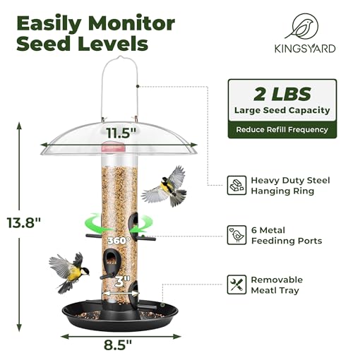 Kingsyard Metal Bird Feeders for Outdoors Hanging, Wild Bird Feeder with Large 11.5" Protective Dome and 8" Removable Tray, 3 lb Seeds Capacity (Black) - Image 3