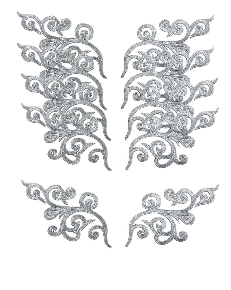 MSCFTFB 5 Pairs Embroidered Fancy Baroque Applique Swirl Iron on Patches Scroll Badge with Gold Trimming for Wedding Gown Dress Shoe Shirt Borders (Silver) - Image 1