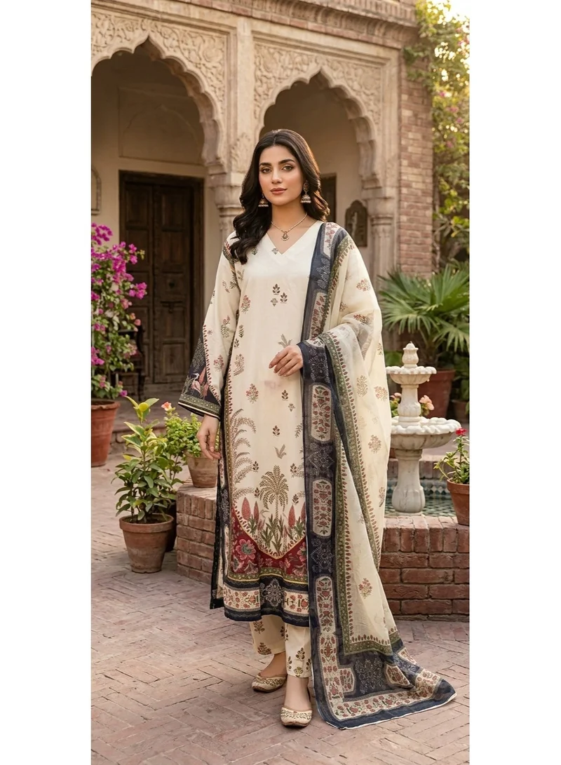 Cream Printed 3-Piece Women's Ethnic Suit