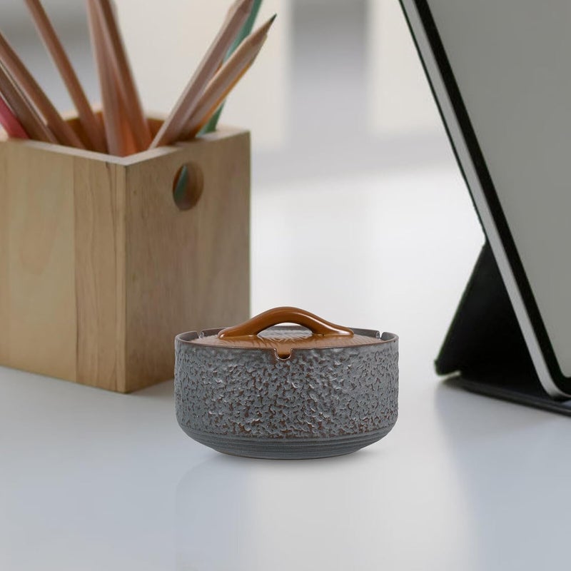 Vintage Ceramic Ashtray with Lid Windproof Ash Holder for Patio Home Office Decorative Retro Smokers Tray with Non-scattering Ash Management - Image 5