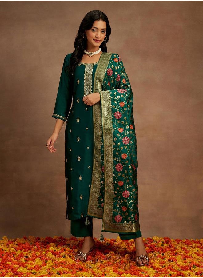 Libas Embroidered Straight Kurta and Solid Trousers with Dupatta Set by Styli  - Image 1