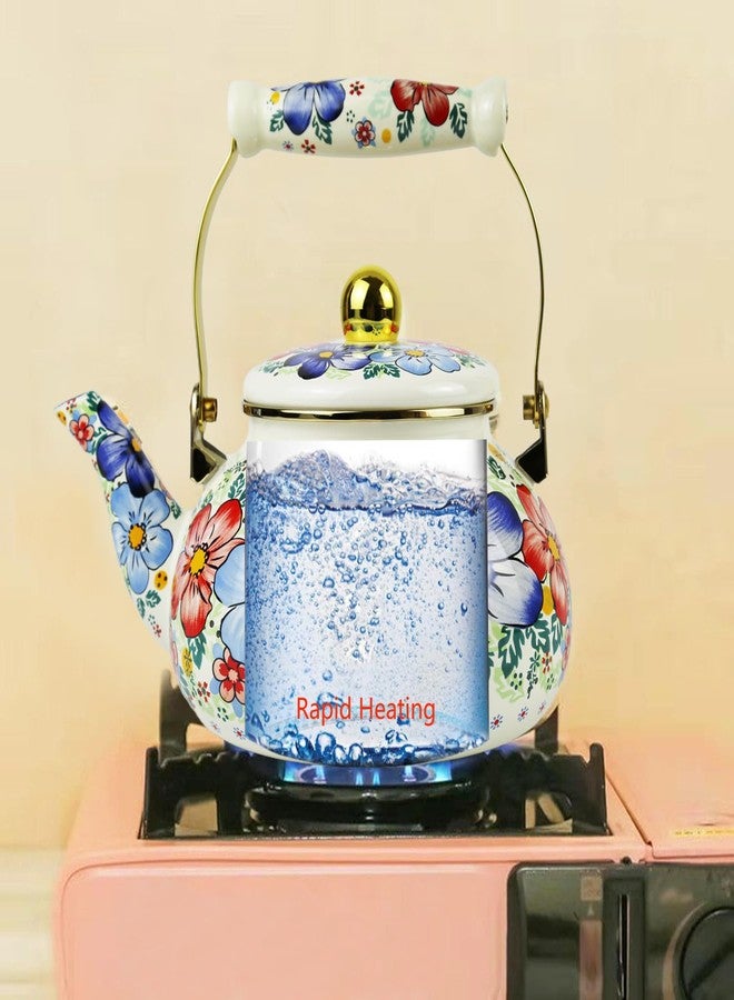 Leebright Blue Floral Enamel Tea Kettle Vintage Gold Beige Teapot Blue Floral Boho Hot Water Coffee Kettle Pot 2.5L Porcelain Tea Pot with Ceramic Handle for Stovetop Kitchen Home Decor - Image 2