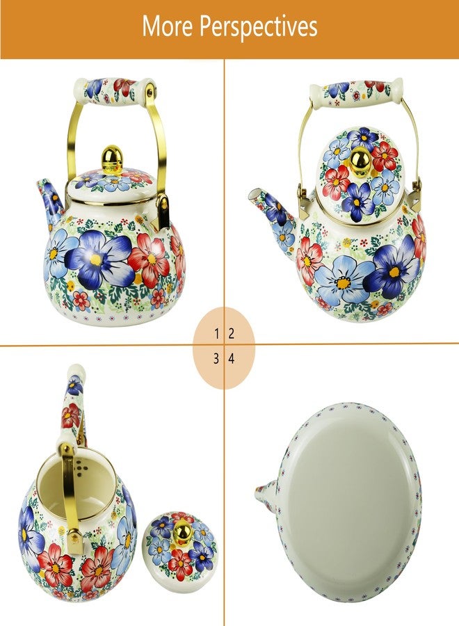 Leebright Blue Floral Enamel Tea Kettle Vintage Gold Beige Teapot Blue Floral Boho Hot Water Coffee Kettle Pot 2.5L Porcelain Tea Pot with Ceramic Handle for Stovetop Kitchen Home Decor - Image 4