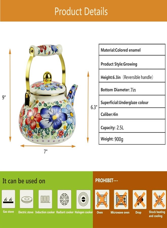 Leebright Blue Floral Enamel Tea Kettle Vintage Gold Beige Teapot Blue Floral Boho Hot Water Coffee Kettle Pot 2.5L Porcelain Tea Pot with Ceramic Handle for Stovetop Kitchen Home Decor - Image 3