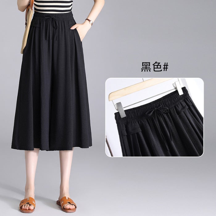 2024 Summer New High Waist Dipping Ice Silk Wrinkled Wide-leg Cropped Pants Korean Casual Pants Loose Thin Culottes for Women khaki - Image 2