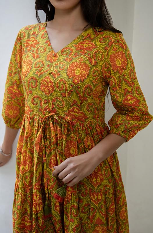 Janasya Women's Green Cotton Printed Tiered Dress(JNE4411-DR-L) - Image 2