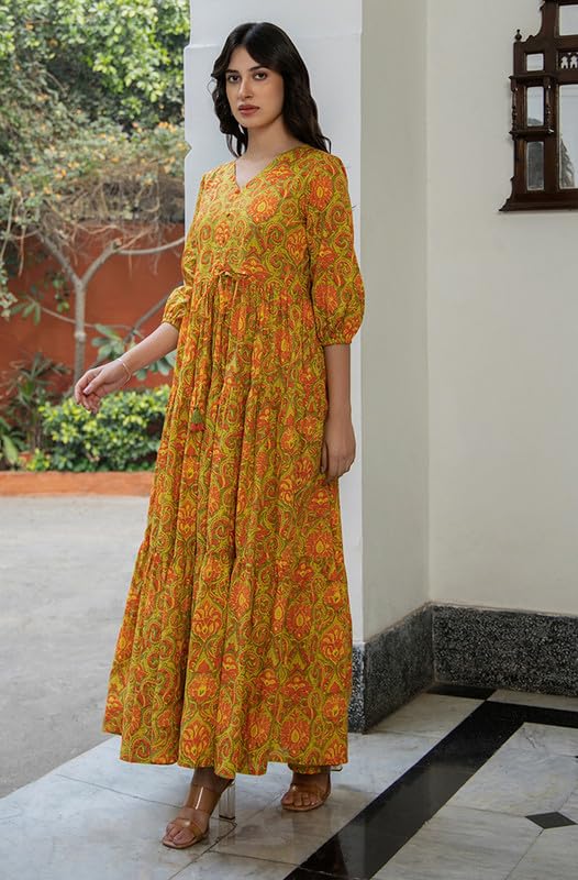 Janasya Women's Green Cotton Printed Tiered Dress(JNE4411-DR-L) - Image 4