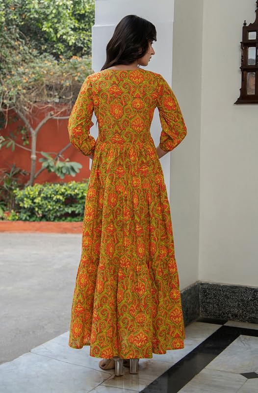 Janasya Women's Green Cotton Printed Tiered Dress(JNE4411-DR-L) - Image 5