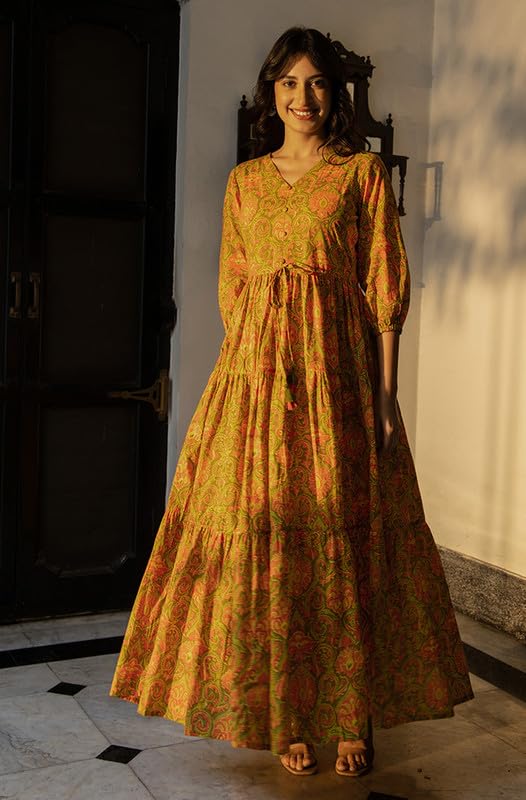 Janasya Women's Green Cotton Printed Tiered Dress(JNE4411-DR-L) - Image 3