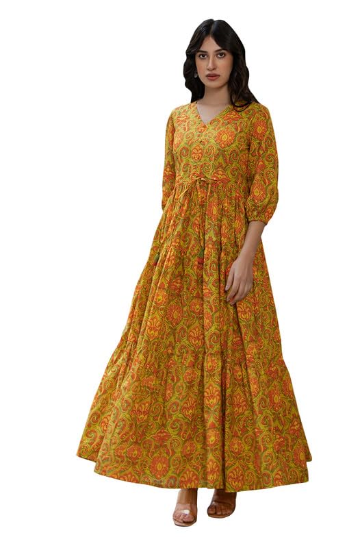 Janasya Women's Green Cotton Printed Tiered Dress(JNE4411-DR-L) - Image 1