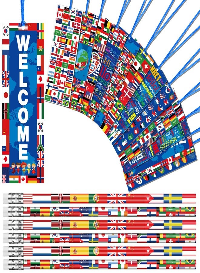 Supervitae 90 Pcs/ 30 Sets International World Flags Party Favor Include 60 Flags of Nations Bookmark 30 Pencil for Travel Trip Around Globe Party School Sports Event Festival Decor - Image 1