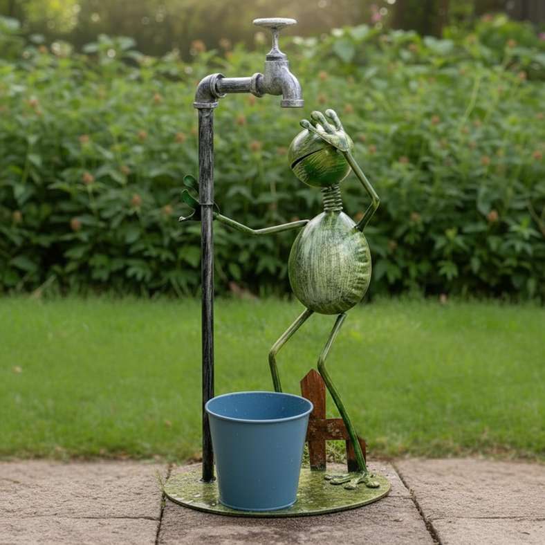 Pan Home ديكور حديقة ضفدع معدني مع وعاء - أخضر