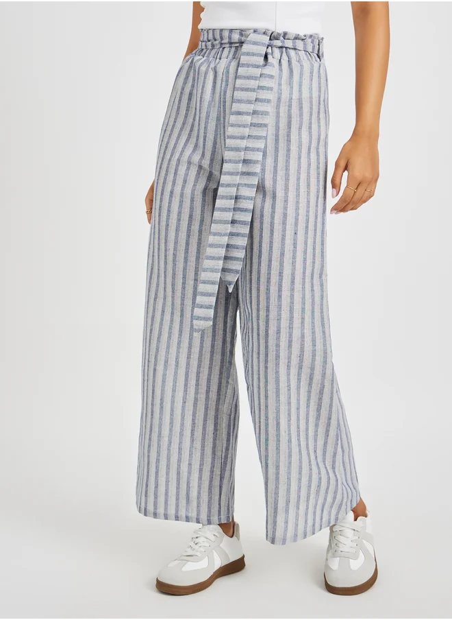 Styli Striped Paperbag Waist Pants with Belt