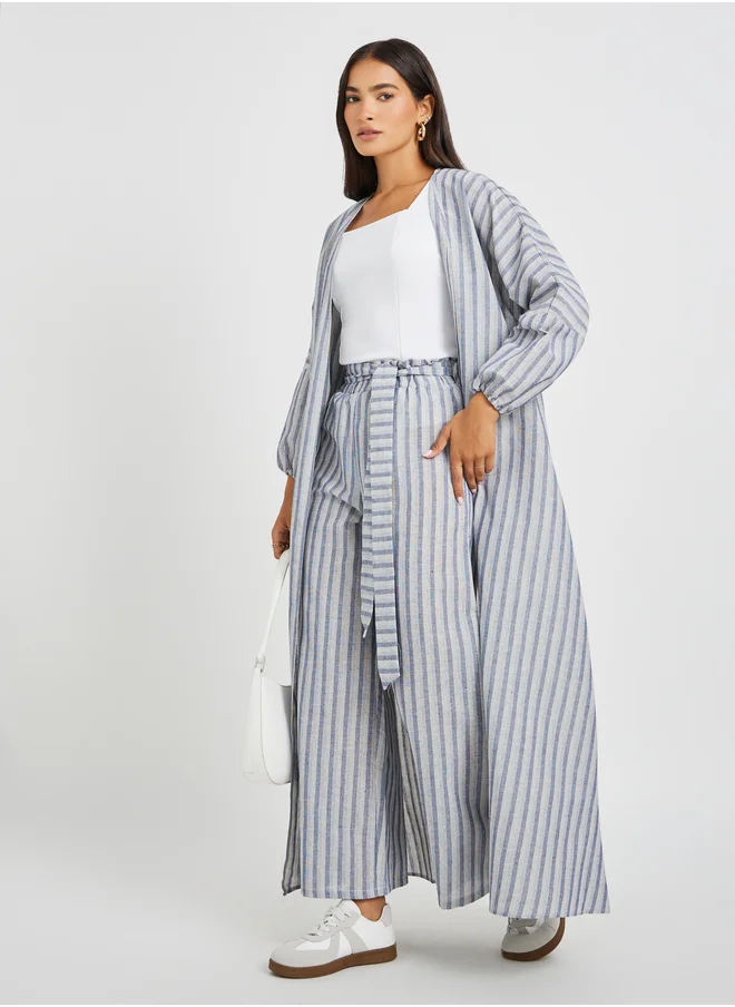 Styli Striped Paperbag Waist Pants with Belt