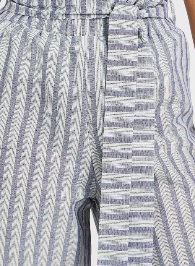 Styli Striped Paperbag Waist Pants with Belt