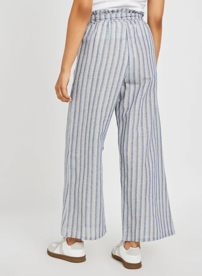 Styli Striped Paperbag Waist Pants with Belt