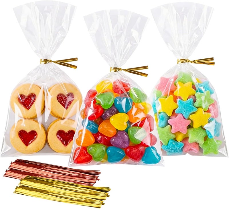 Morepack Cello Cellophane 4x6 Inches Cookie Bags 200 Pcs OPP Plastic Clear Treat Bags with 200 Twist Ties for Gift Wrapping,Packaging Candies,Dessert,Bakery,Chocolate,Party Favors - Image 1